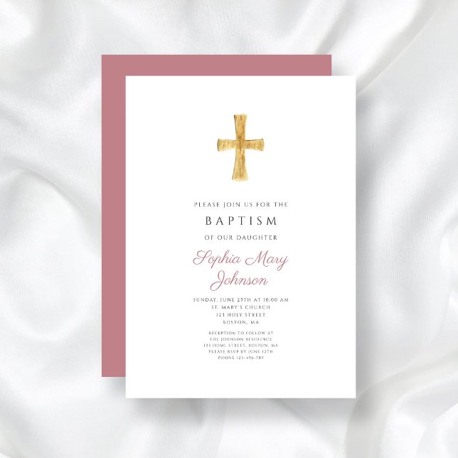Convite Batismo Religioso de Menina Rosa Rosa Moderna (Modern Dusty Pink Cross Religious Girl Baptism Invitation)