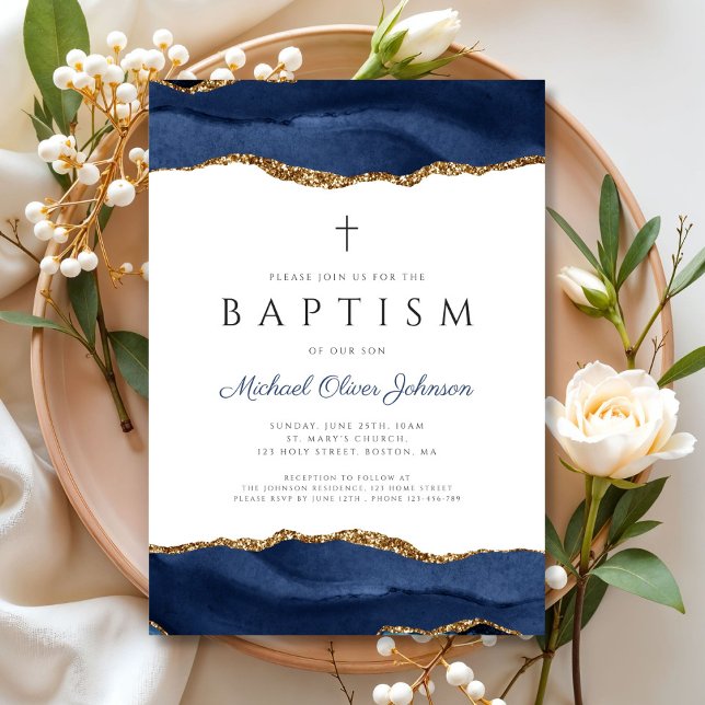 Convite Batismo Religioso do Bebê Azul Elegante (Elegant Blue Agate Religious Baby Baptism Invitation)