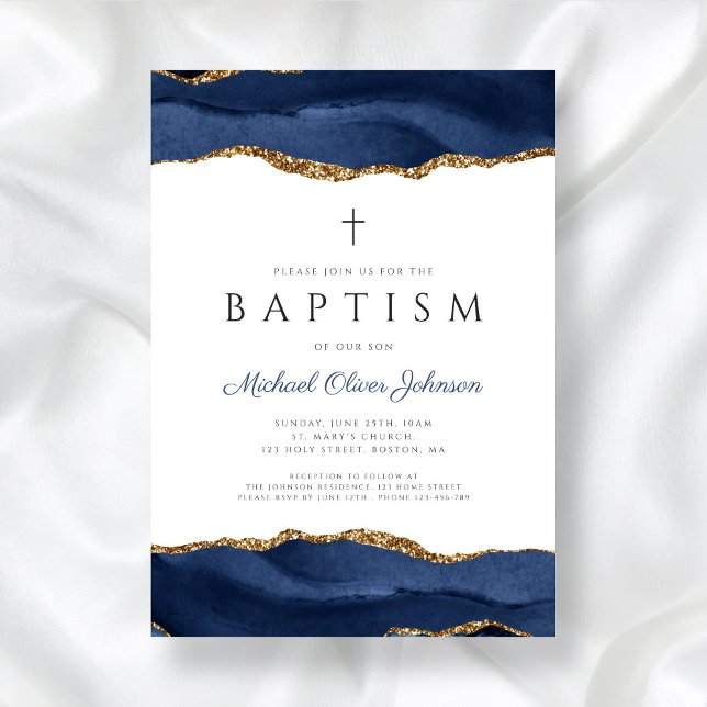 Convite Batismo Religioso do Bebê Azul Elegante (Elegant Blue Agate Religious Baby Baptism Invitation)