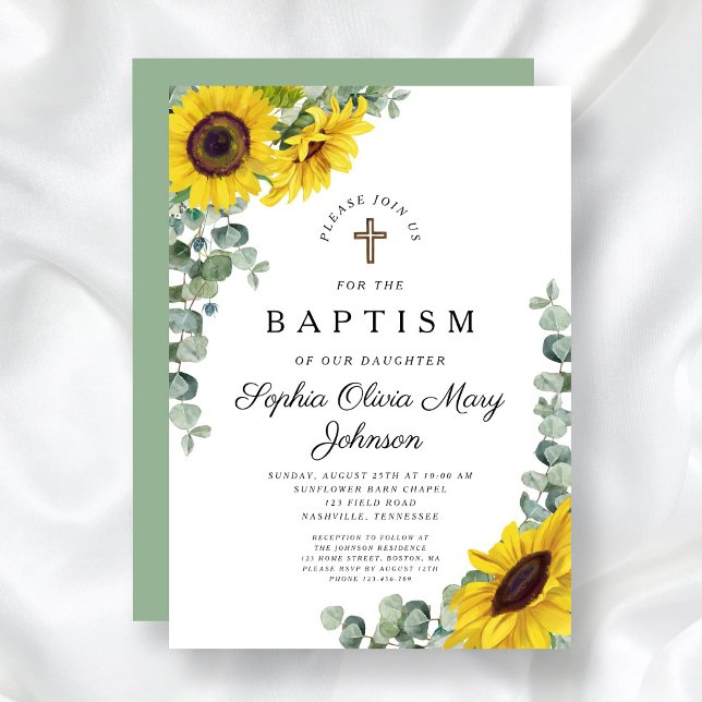 Convite Batismo Religioso do Girassol Floral Elegante (Elegant Floral Sunflower Religious Baptism Invitation)