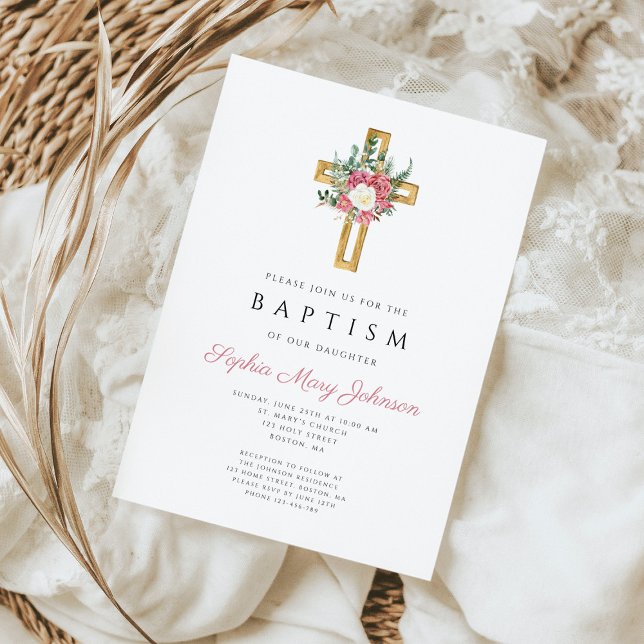 Convite Batismo religioso Elegante Cruz Rosa Floral Rosa (Elegant Religious Cross Pink Floral Girl Baptism Invitation)
