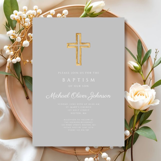 Convite Batismo religioso entre Cinzas (Religious Cross Gray Script Boy Baptism Invitation)