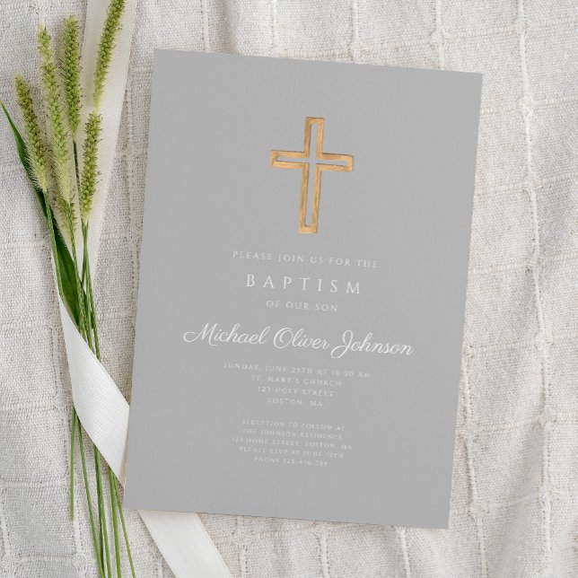 Convite Batismo religioso entre Cinzas (Religious Cross Gray Script Boy Baptism Invitation)