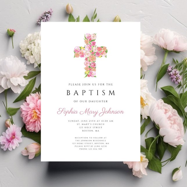 Convite Batismo religioso Floral Rosa Elegante (Elegant Pink Floral Religious Cross Baptism Invitation)