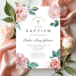 Convite Batismo Religioso Floral Rosa Elegante Menina