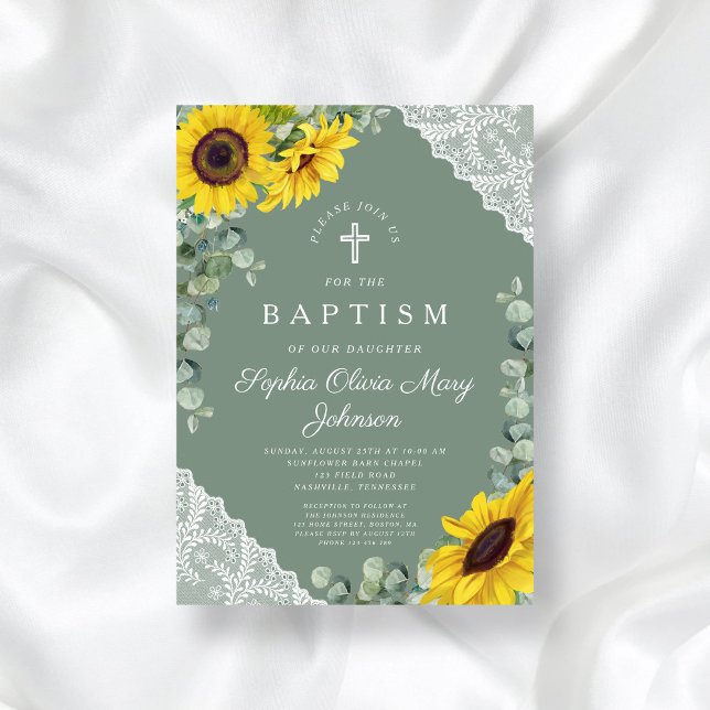 Convite Batismo Religioso Floral Verde Elegante (Elegant Sage Green Floral Religious Baptism Invitation)