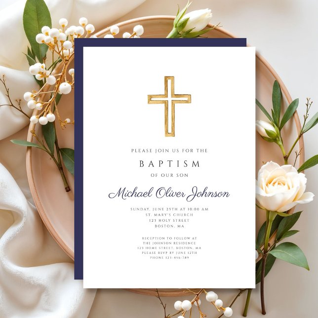 Convite Batismo religioso marinho Azul (Navy Blue Religious Cross Boy Baptism Invitation)