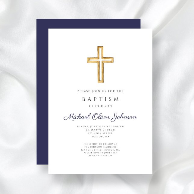 Convite Batismo religioso marinho Azul (Navy Blue Religious Cross Boy Baptism Invitation)