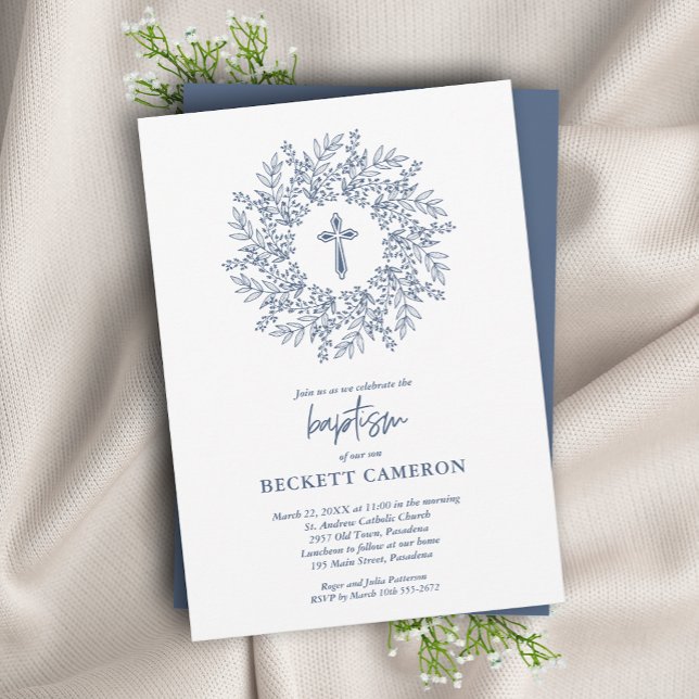 Convite Batismo religioso moderno da cruz azul (Criador carregado)