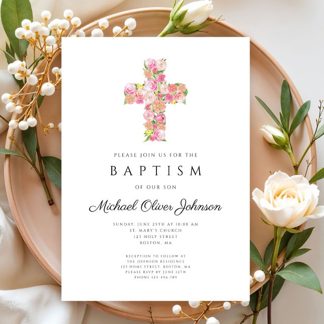 Convite Batismo religioso religioso cor-de-rosa-rosa (Elegant Religious Floral Pink Cross Baptism Invitation)