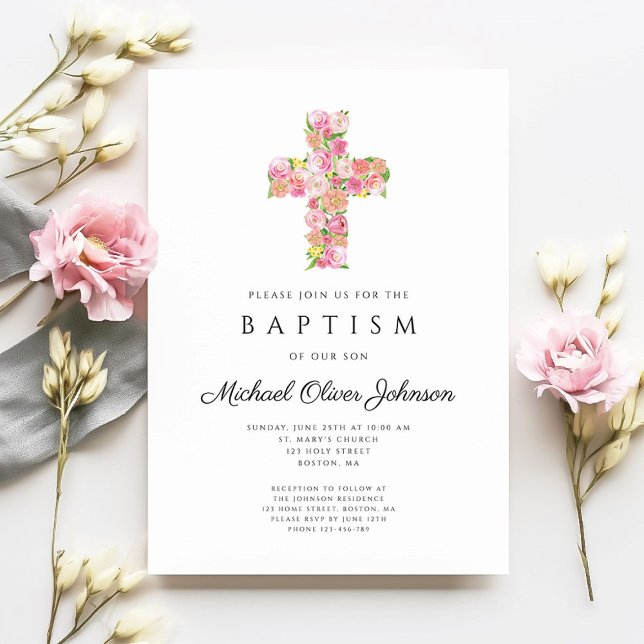 Convite Batismo religioso religioso cor-de-rosa-rosa (Elegant Religious Floral Pink Cross Baptism Invitation)