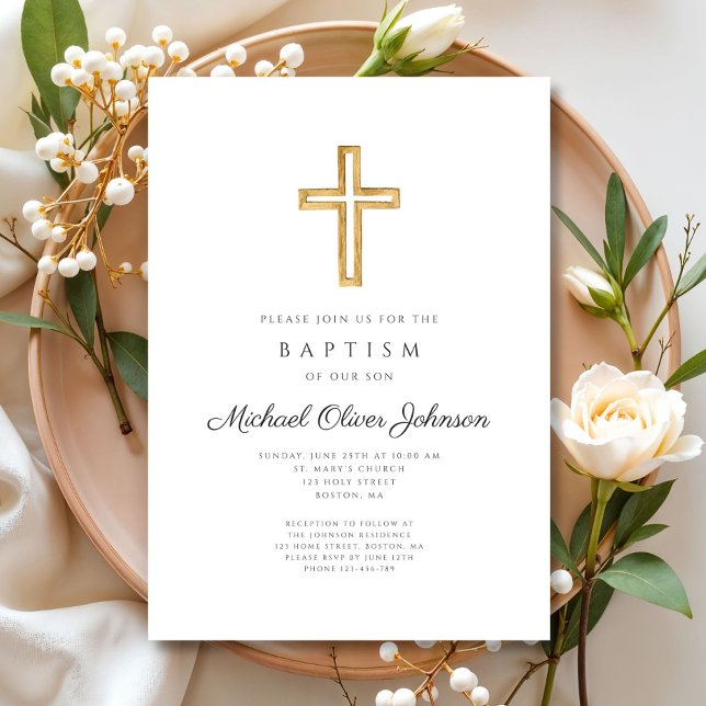 Convite Batismo religioso religioso Elegante (Elegant Religious Cross Script Boy Baptism Invitation)