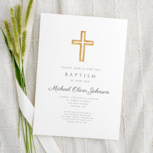 Convite Batismo religioso religioso Elegante (Elegant Religious Cross Script Boy Baptism Invitation)