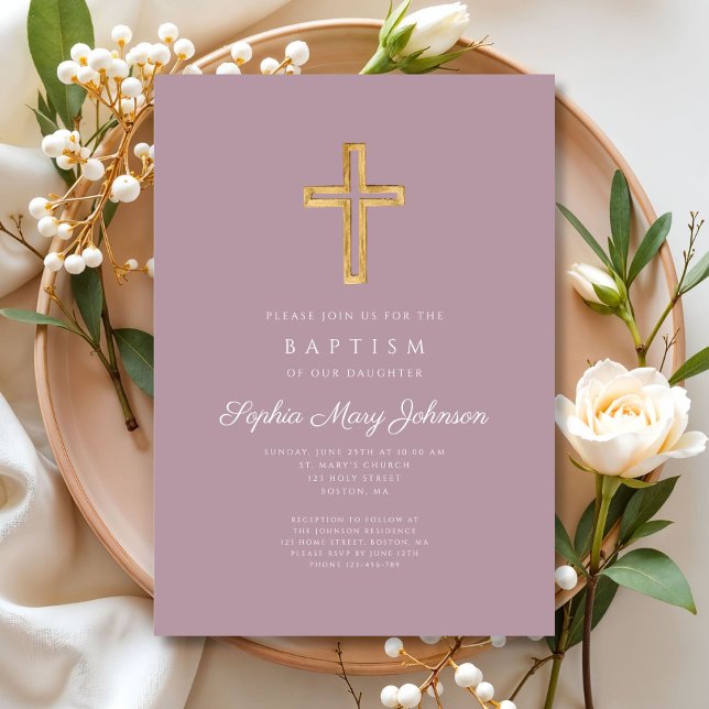 Convite Batismo religioso religioso religioso Roxo-Roxo (Elegant Religious Cross Purple Script Girl Baptism Invitation)