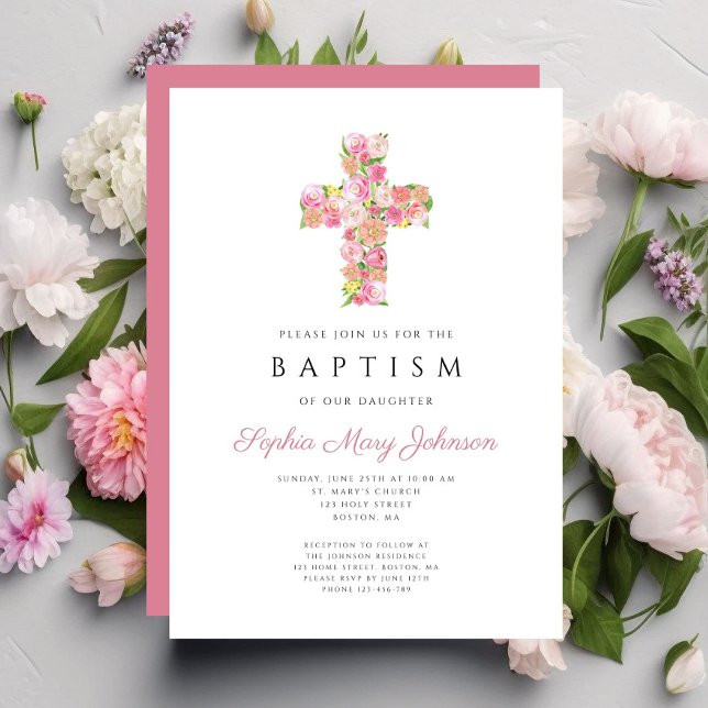 Convite Batismo religioso religioso rosa-palha (Elegant Religious Pink Floral Cross Baptism Invitation)