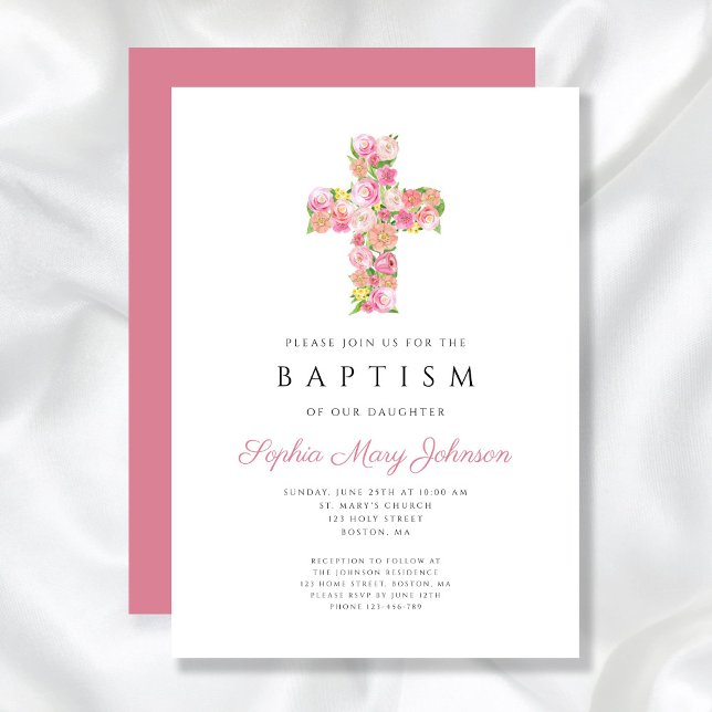 Convite Batismo religioso religioso rosa-palha (Elegant Religious Pink Floral Cross Baptism Invitation)