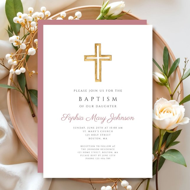Convite Batismo religioso Rosa Elegante (Religious Cross Dusty Rose Pink Girl Baptism Invitation)