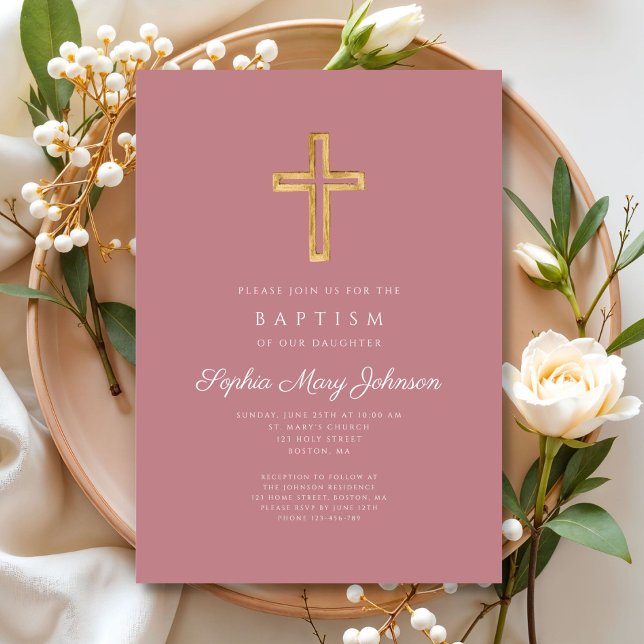 Convite Batismo religioso Rosa Elegante (Elegant Pink Religious Cross Girl Baptism Suite)