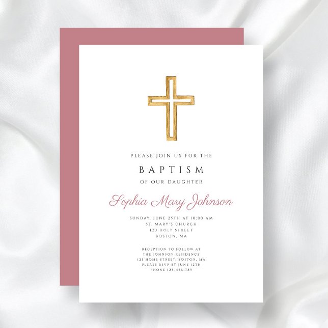 Convite Batismo religioso Rosa Elegante (Religious Cross Dusty Rose Pink Girl Baptism Invitation)