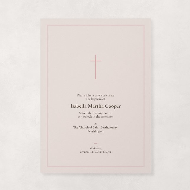 Convite Batismo Religioso Rosa Mínimo Cruz (Grace - Minimal Cross Baptism Invitation in Blush)