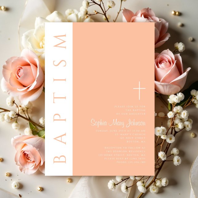 Convite Batismo religioso rosa moderno e elegante (Modern Elegant Pink Religious Girl Baptism Invitation)