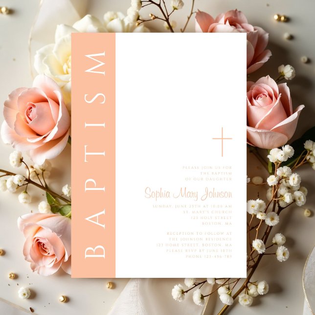 Convite Batismo religioso rosa-rosa moderno (Modern Elegant Pink Religious Cross Baptism Invitation)