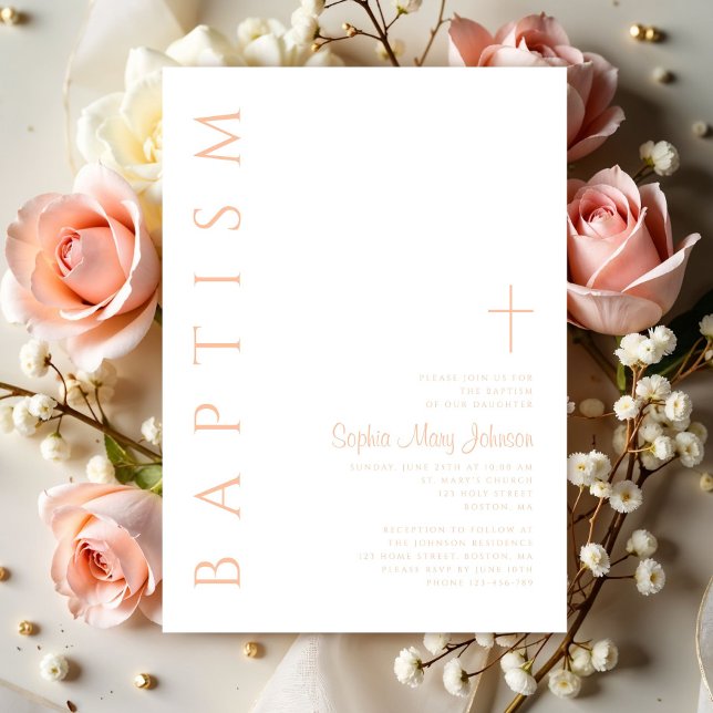 Convite Batismo religioso rosa-rosa moderno (Modern Elegant Pink Religious Cross Girl Baptism Invitation)