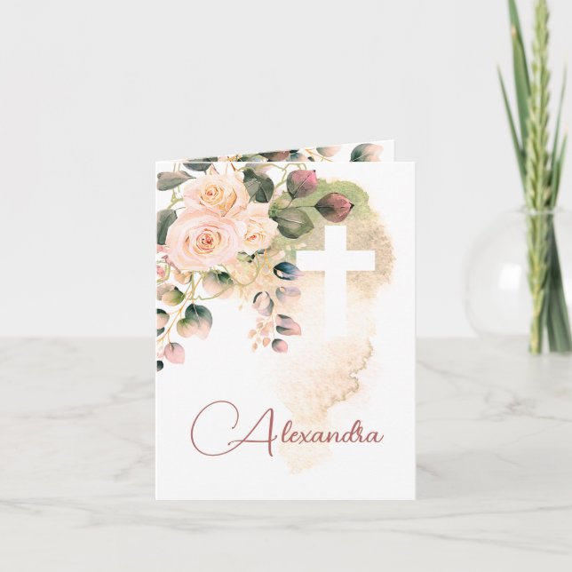 Convite Batismo Religioso Rosas Fotográficos de Natal Rosa (Frente)