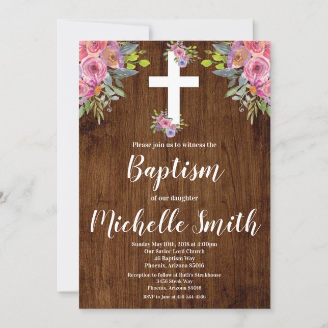 Convite Batismo religioso Russo Floral Rosa Rosa (Frente)