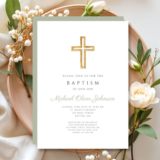 Convite Batismo religioso Verde Elegante (Sage Green Religious Wood Cross Baptism Invitation)