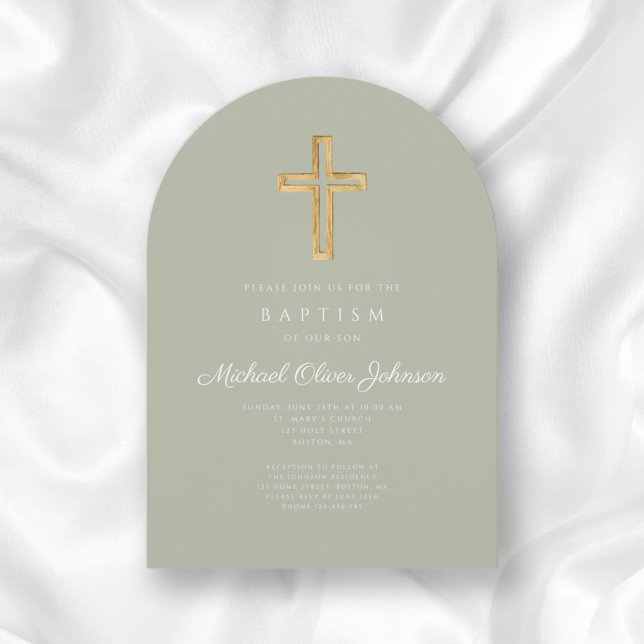 Convite Batismo religioso Verde Elegante (Elegant Sage Green Religious Cross Baptism Invitation)