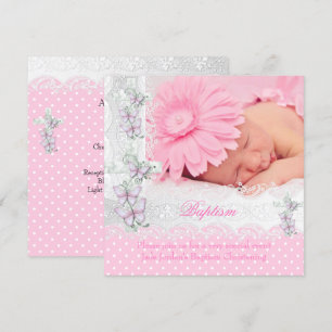 Convite Batismo Rosa Branco Renda Foto Borboleta Cruz Meni