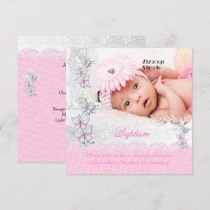 Convite Batismo Rosa Branco Renda Foto Borboleta Cruz Meni