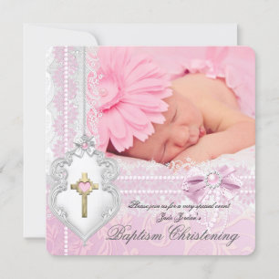 Convite Batismo Rosa Branco Renda Foto Pérola Cruz Menina