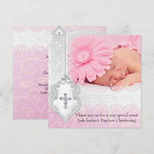 Convite Batismo Rosa Branco Renda Jóia Foto Cruz Menina
