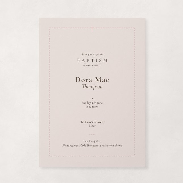 Convite Batismo Rosa Cor-de-Rosa Religioso com Cruz Recort (Grace - Scallop Border Baptism Invitation in Blush Pink)