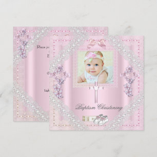 Convite Batismo Rosa Cruz Menina Foto Lace 2