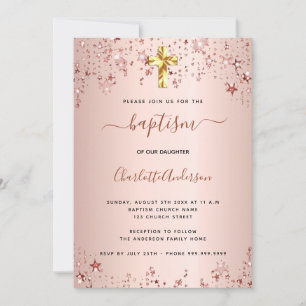Convite Batismo rosa dourado estrela elegante