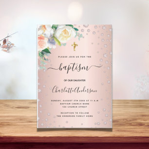 Convite Batismo rosa floral, dourada, elegante