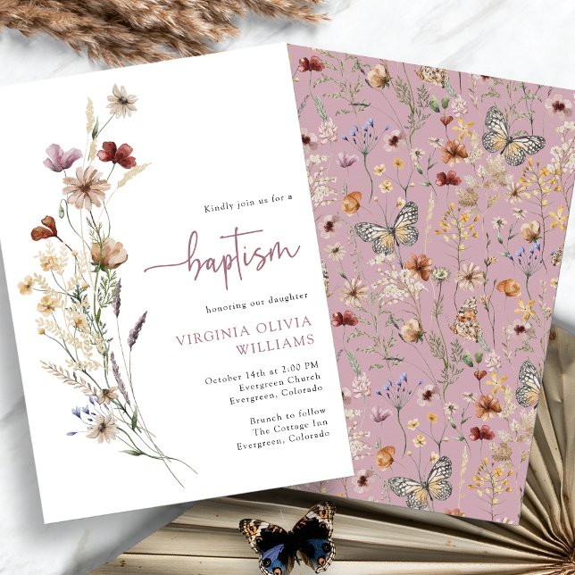 Convite Batismo rosa Flores Selvagens (Dusty Pink Baptism Wildflowers Invitation by Painted Paperie)