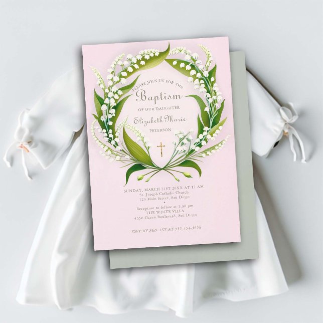 Convite Batismo Rosa Formal, Dourado, do Vale do Lily (girl baptism invitation lily valley wreath gold cross elegant formal classic simple watercolor)