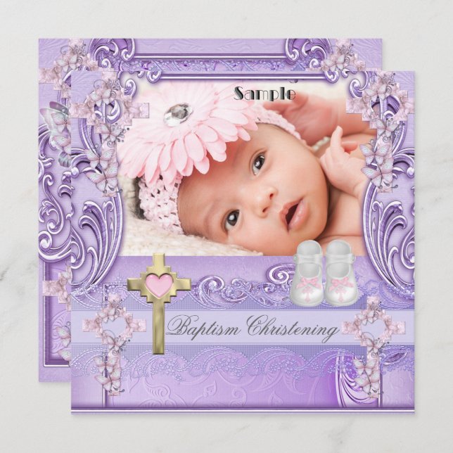 Convite Batismo Rosa Lilac Cross Girl Foto Christening (Frente/Verso)