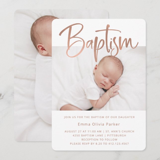 Convite Batismo | Rosa mínimo simples Dourado com duas fot (Frente/Verso)