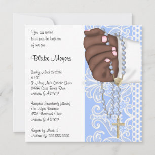 Convite Batismo Rosário Azul-Elegante Simples/Cristaliza