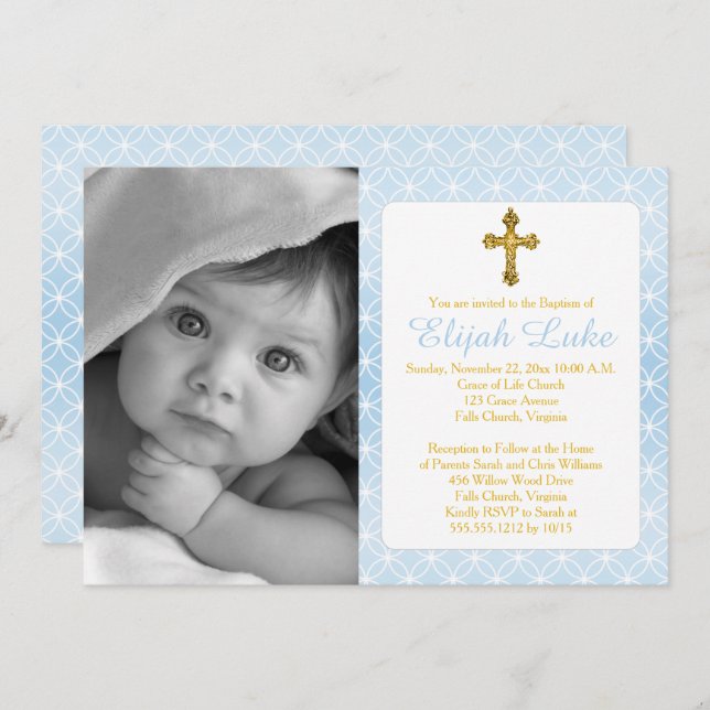 Convite Batismo | Roteiros de Eternidade Dourada Foto Cruz (Frente/Verso)