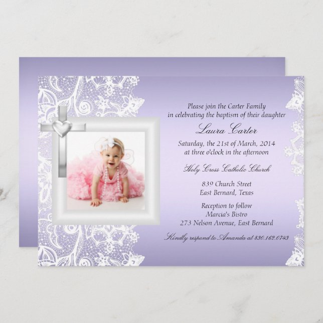 Convite Batismo Roxo bonito da cruz de rendas/Natal (Frente/Verso)
