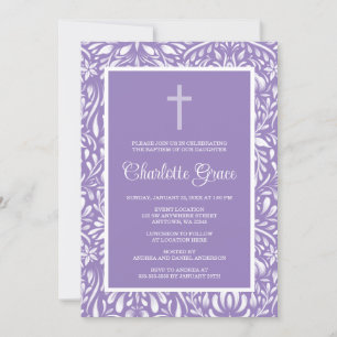 Convite Batismo roxo do baptismo da menina da cruz do