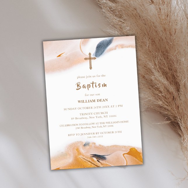 Convite Batismo Russo Moderno Abstrato de Watercolor Cruza (Rustic Modern Abstract Watercolor Cross Baptism Invitation)