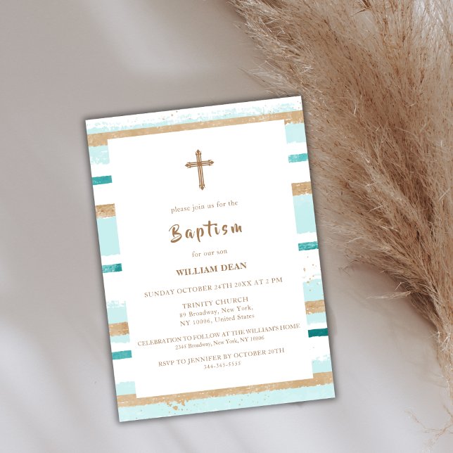 Convite Batismo Rustic Modern Dourado Cross Boy (Rustic Modern Gold Stripe Cross Boy Baptism Invitation)