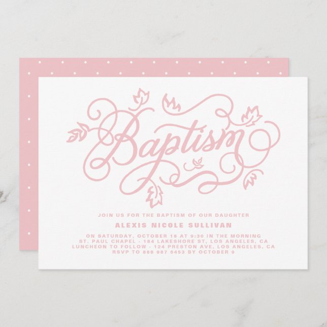 Convite Batismo Rustic Pink Foliage Lettering (Frente/Verso)